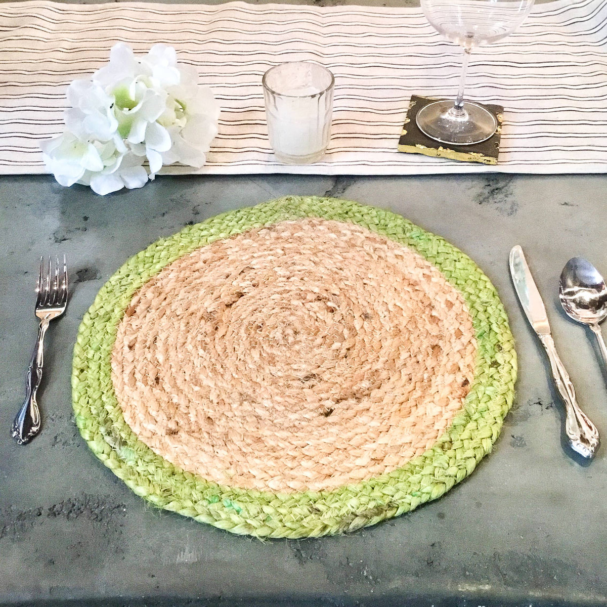 Natural & Green Jute Border Round Placemat