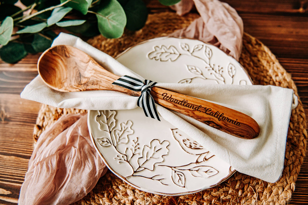 Custom City Name Olive Wood Serving Spoon & Towel Gift Set