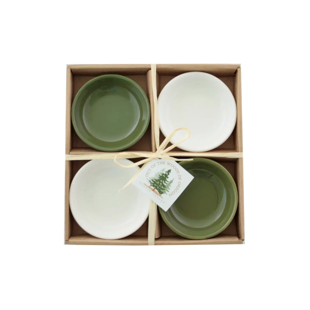 Set of 4 Small Round Bowls - Olive Green & White (3.75”)