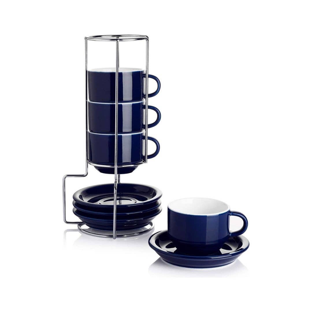2.5 Ounce Porcelain Espresso Cups with Saucers and Stand