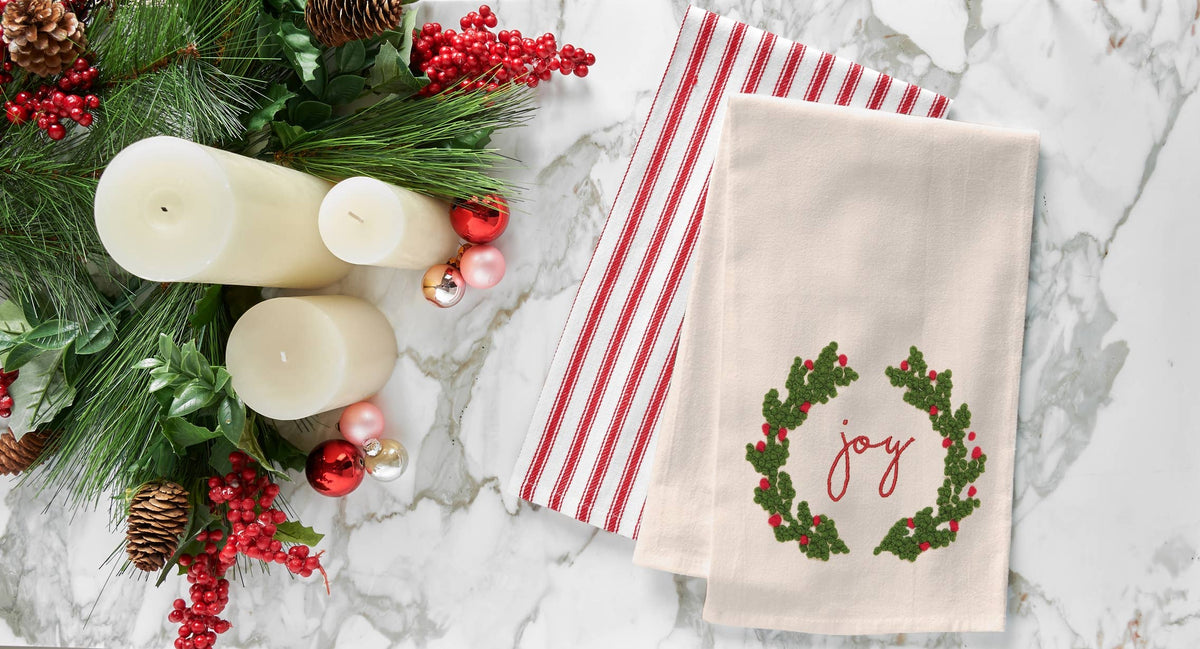 SALE Christmas Joy Wreath French Knot Kitchen Towel
