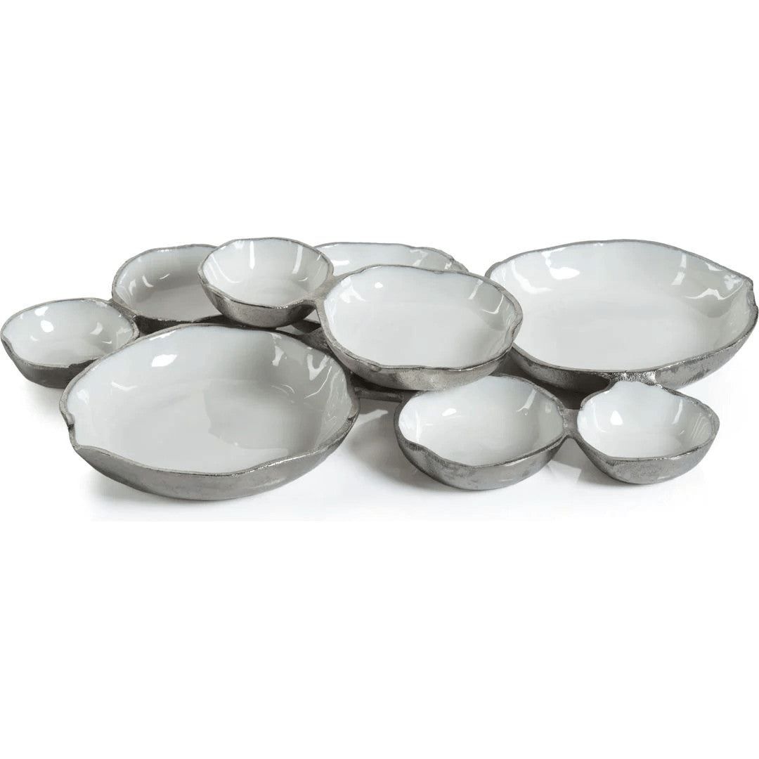 Cluster of Nine Round Serving Bowls- Nickel w/ White