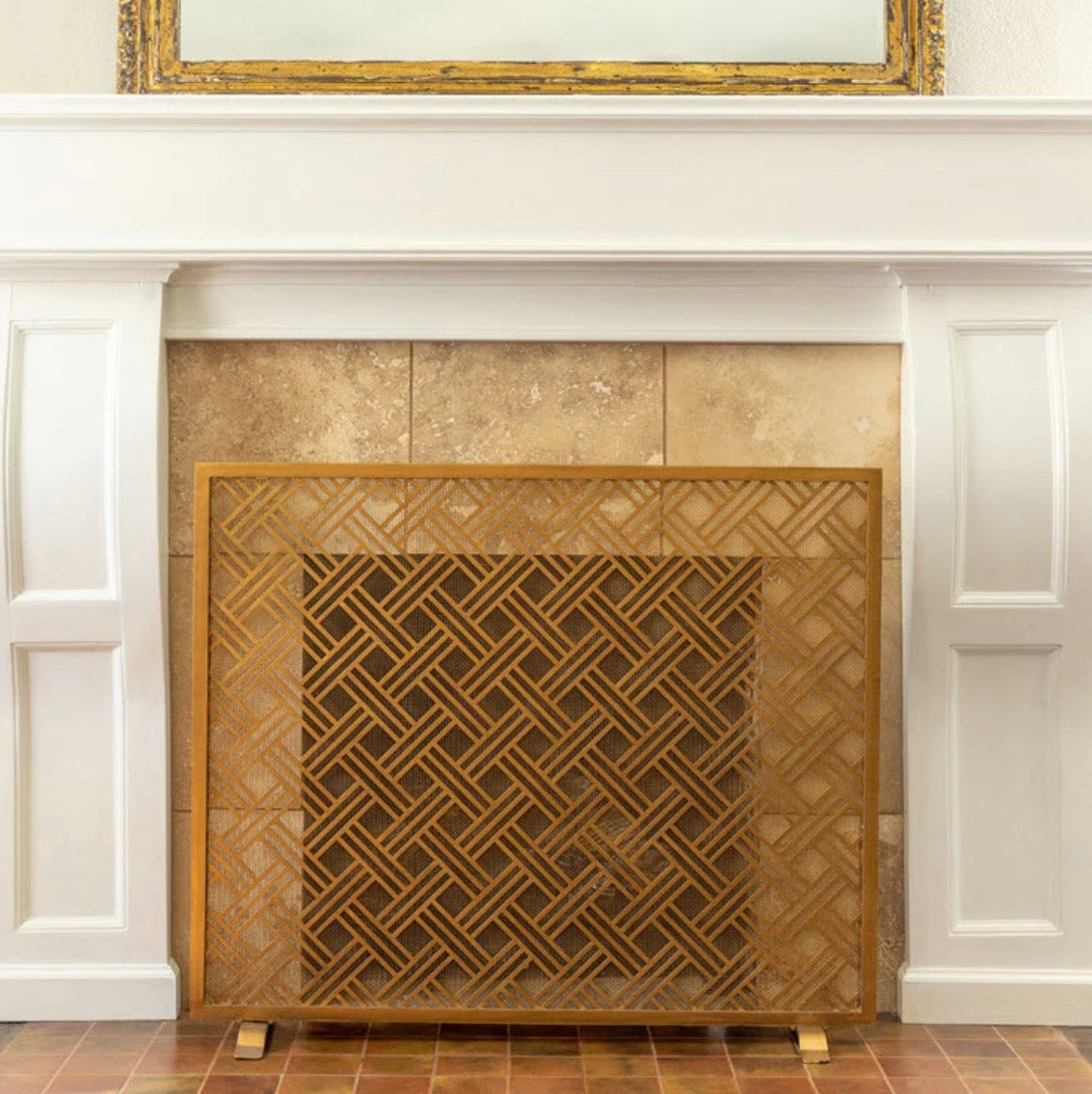 Modern Gold Cross Hatch Fireplace Screen – Iron Mesh – 41” by Parkhill Collection