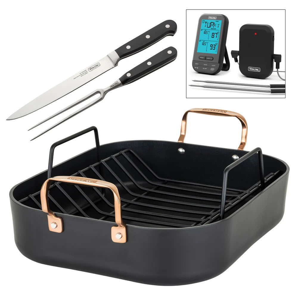 *Viking Hard Anodized Roaster with Copper Handles, Rack, and Double Bonus – Bluetooth Thermometer and Carving Set