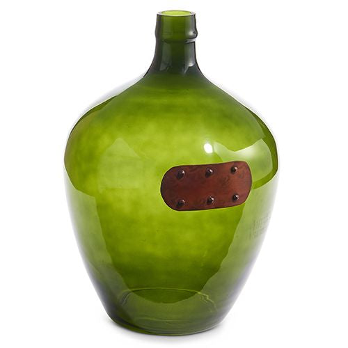12" Green Demijohn Vase with Metal Tag