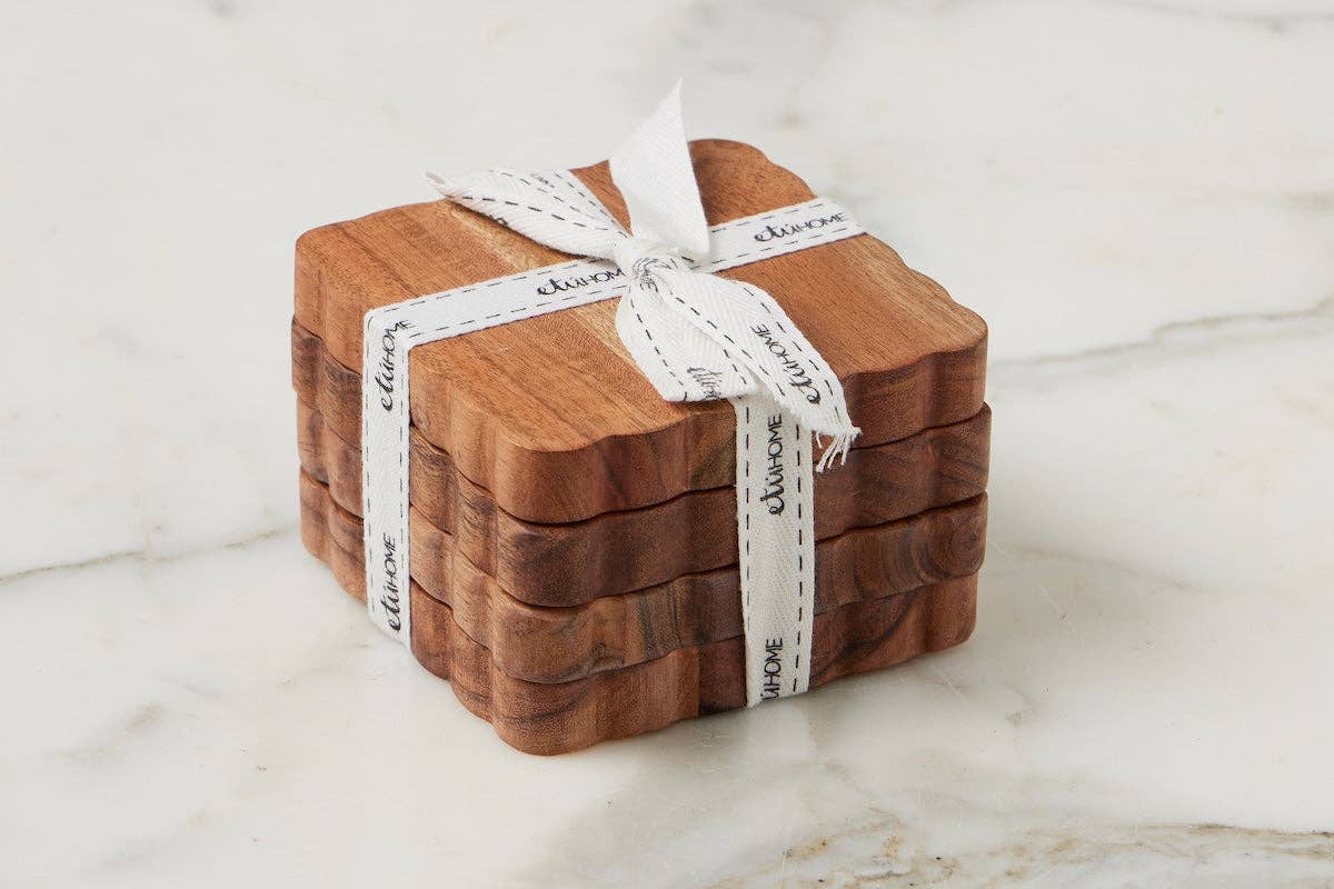 Scalloped Wood Coasters, Square, Natural, Set of 4
