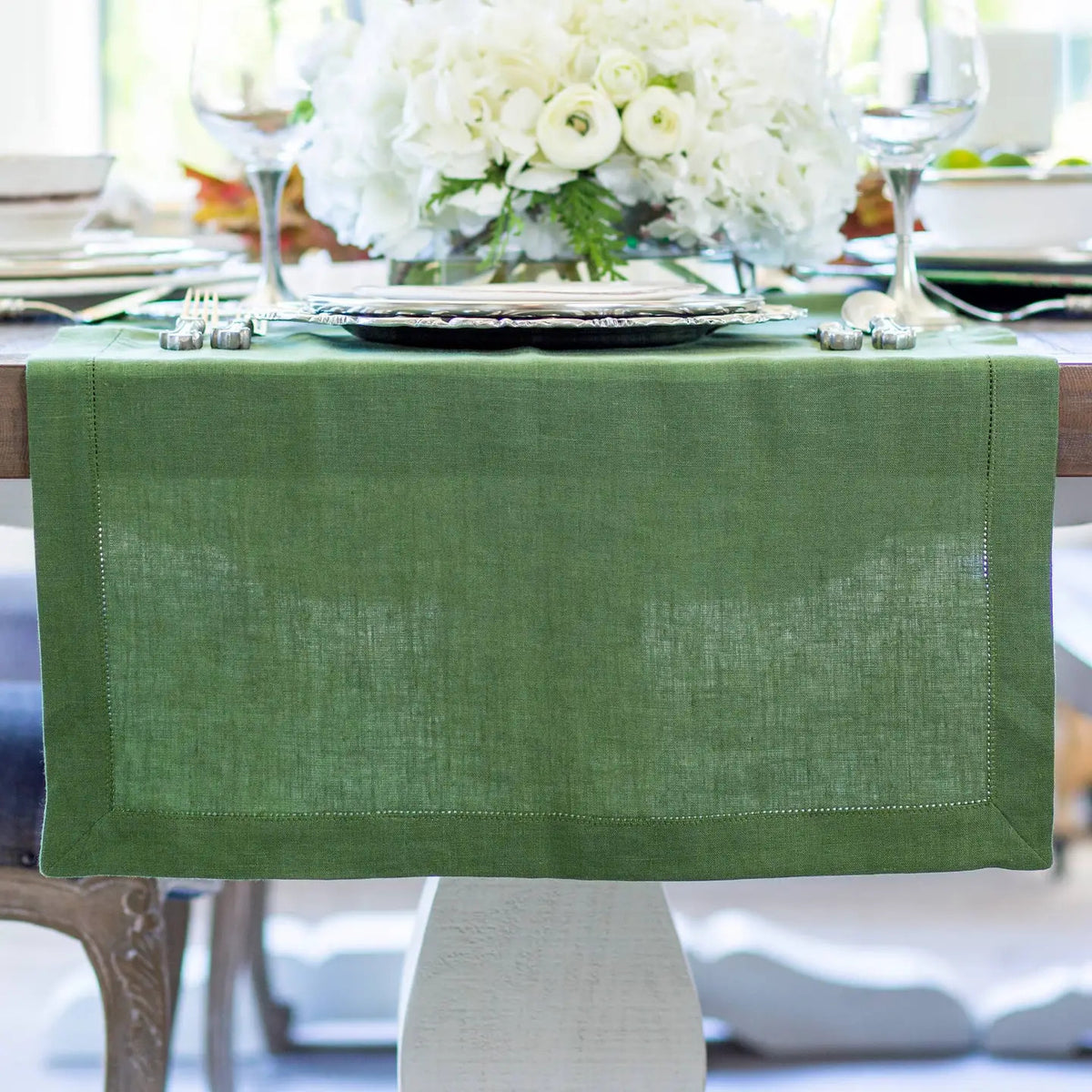Hemstitch Linen Table Runner 90" Evergreen