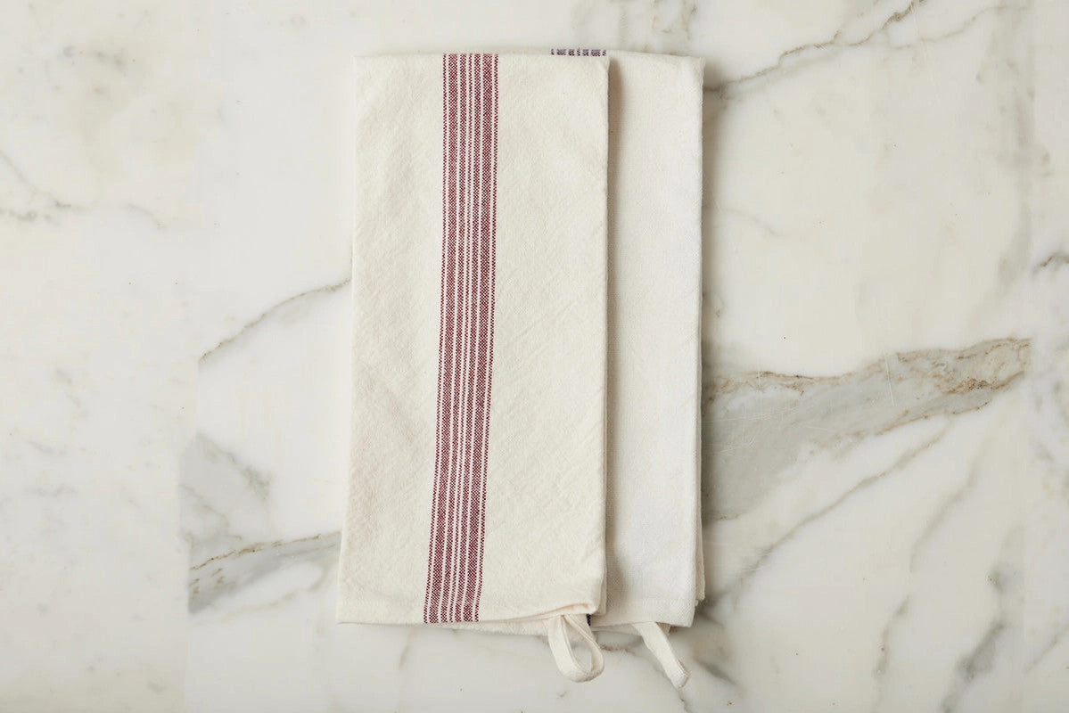 Kitchen Tea Towel, Vintage Merlot Red Stripe, Set of 2