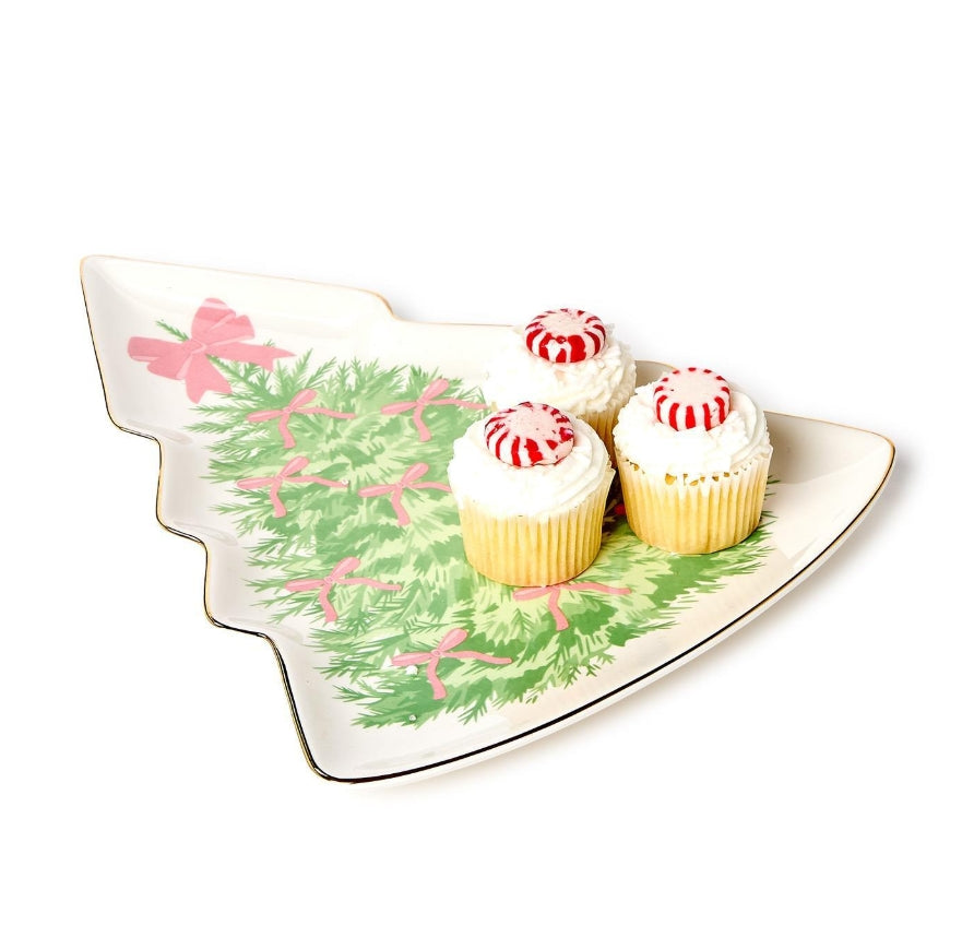 Bow-tiful Trees Christmas Tree Shape Plate with Gold Metallic Rim