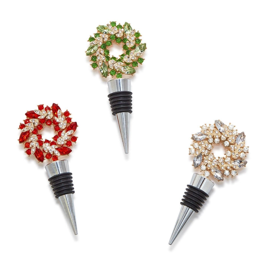 Red Holiday Wreath Jeweled Bottle Stoppers in Gift Box