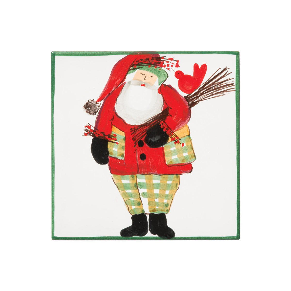 Old St. Nick Trivet - Green Border w/ Wood Pile