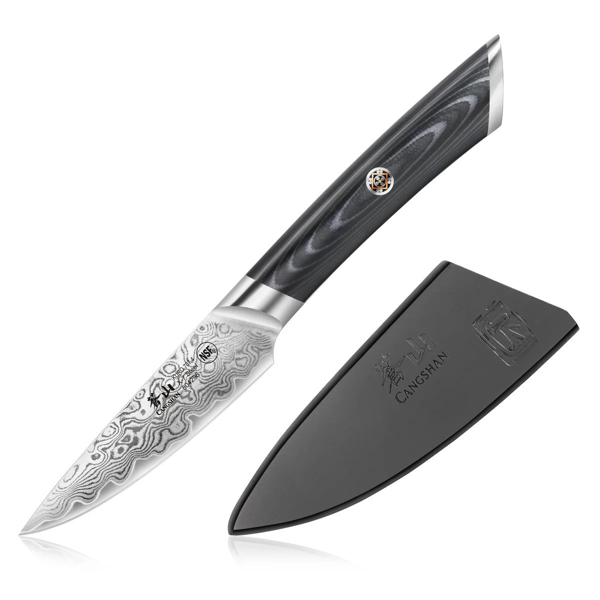 KURO 3.5-inch Paring Knife with Sheath, High-Carbon X-7 Damascus Steel