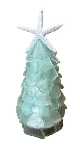 6 Inch Seaglass Christmas Tree Real Starfish with lights (Hint of Blue)