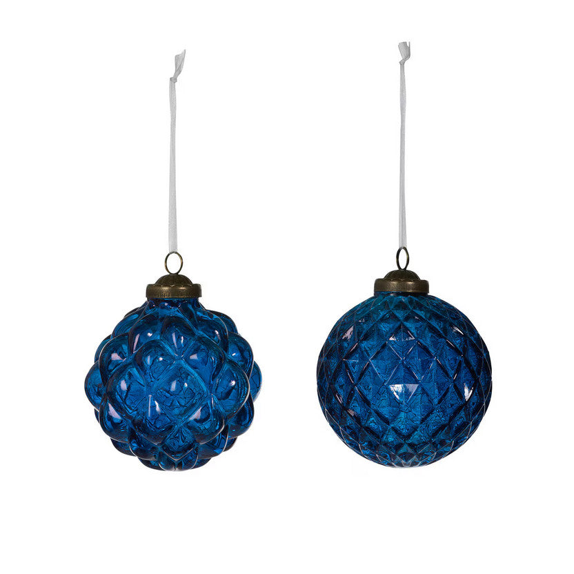Textural Opaque Blue Glass Ball Ornament, 2 Assorted Styles