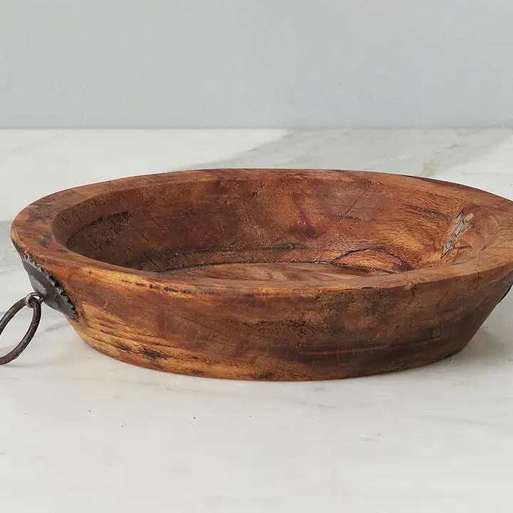 Vintage Wood Bowl with Iron Handle, Small