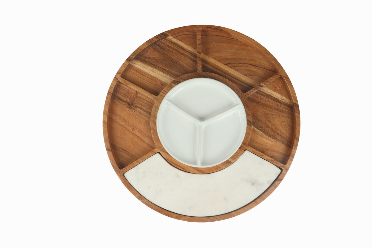 Sectioned serving tray with Wood, Ceramic, & Marble