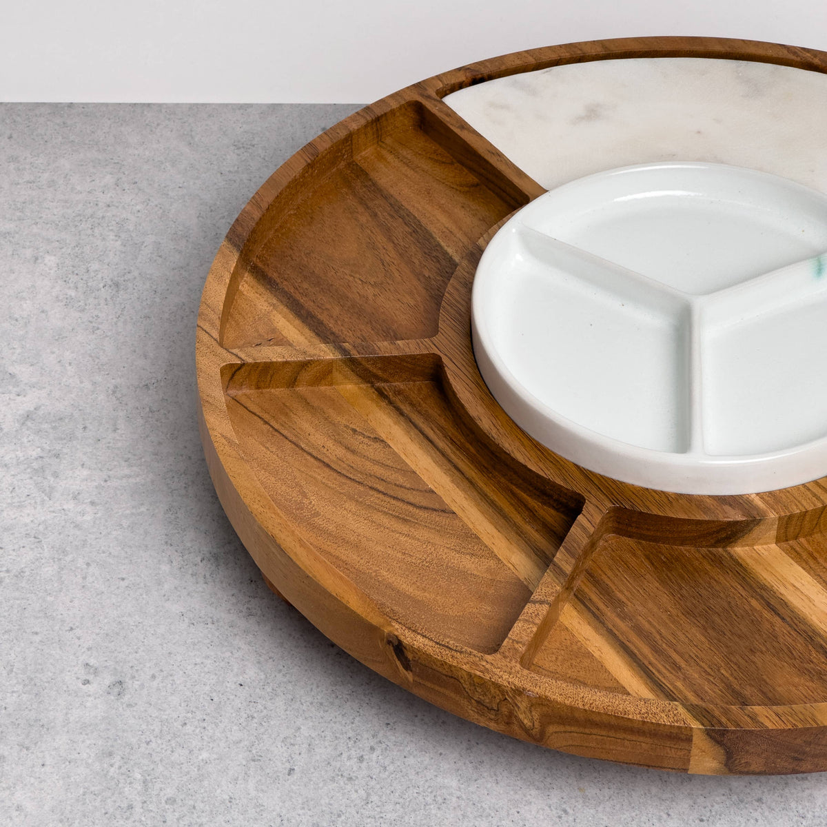 Sectioned serving tray with Wood, Ceramic, & Marble