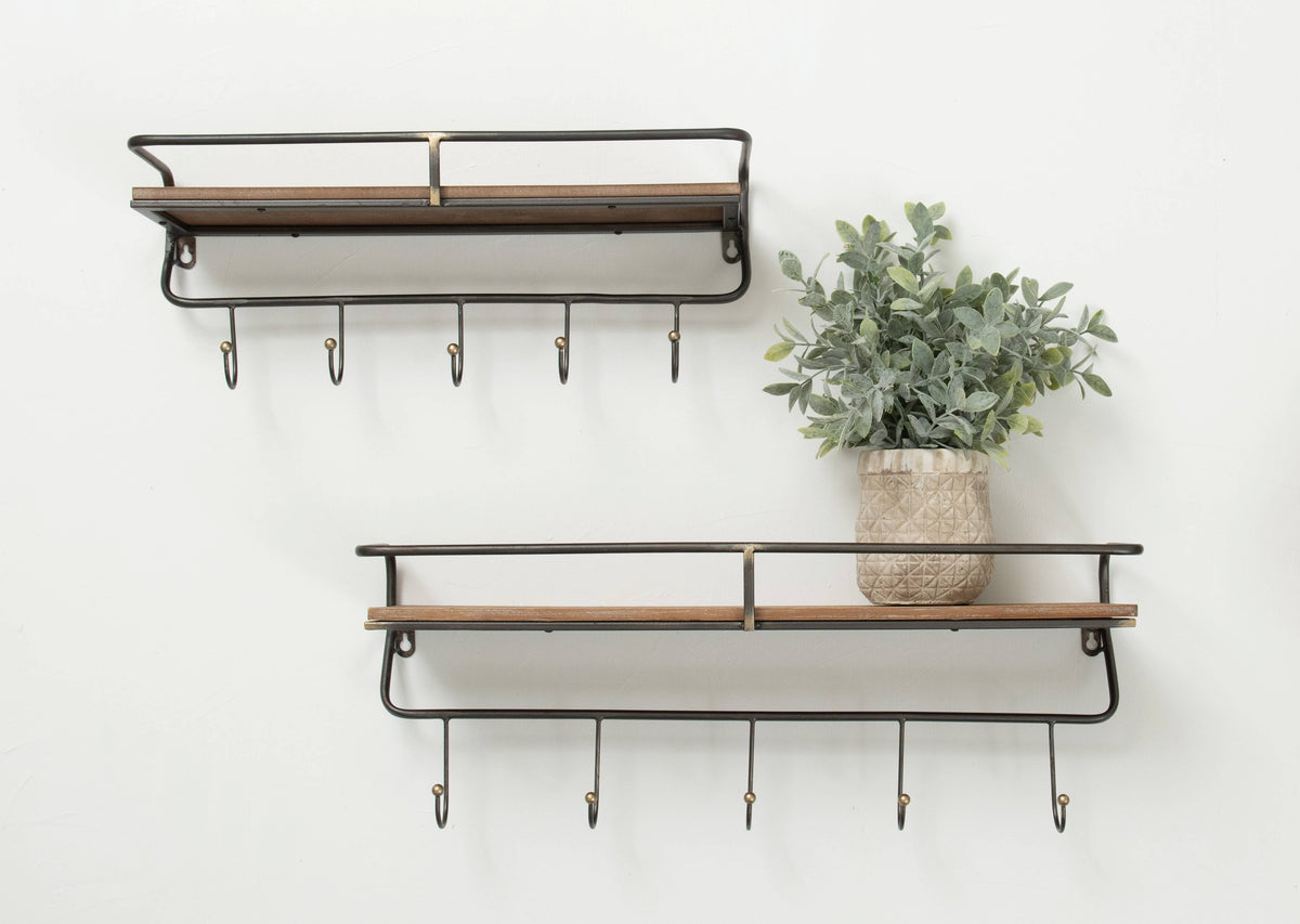 Iron 24.21 in. Brown Wall Rack Shelf and Hooks