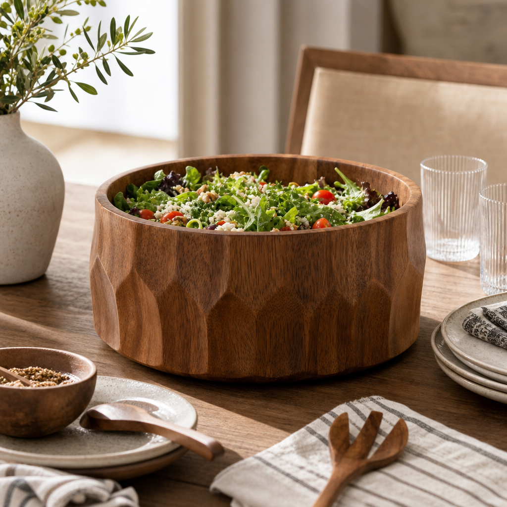 Diamond Pattern Large Acacia  Wood Salad Bowl