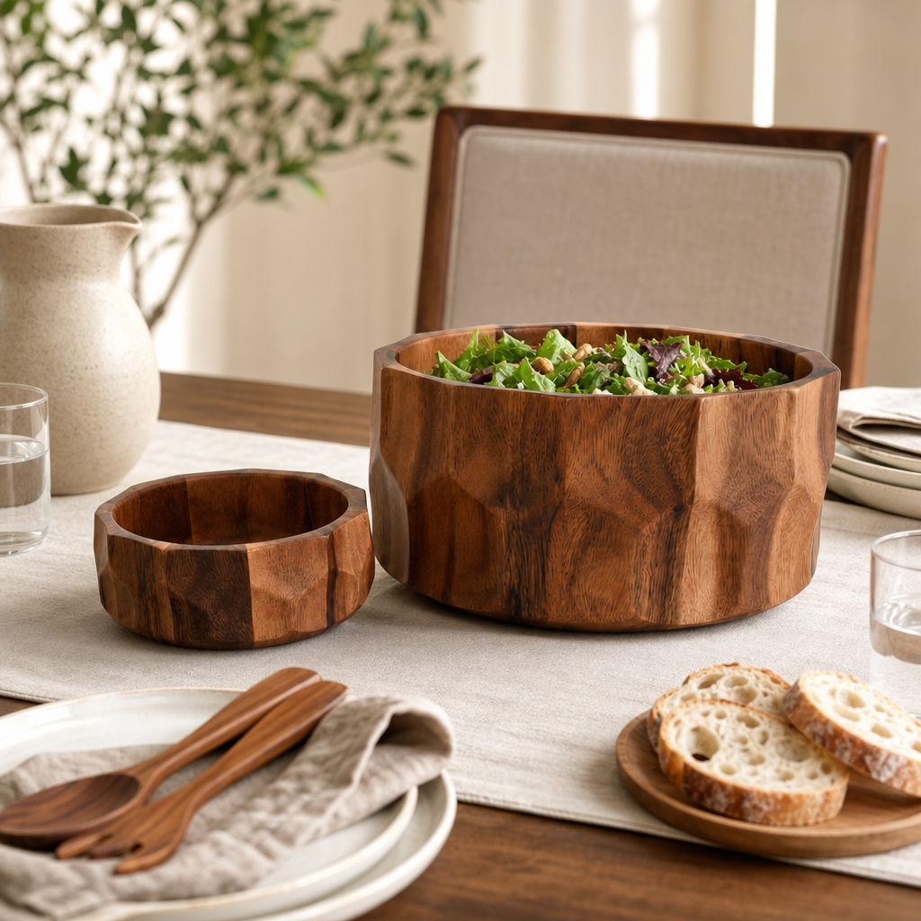 Diamond Pattern Large Acacia  Wood Salad Bowl