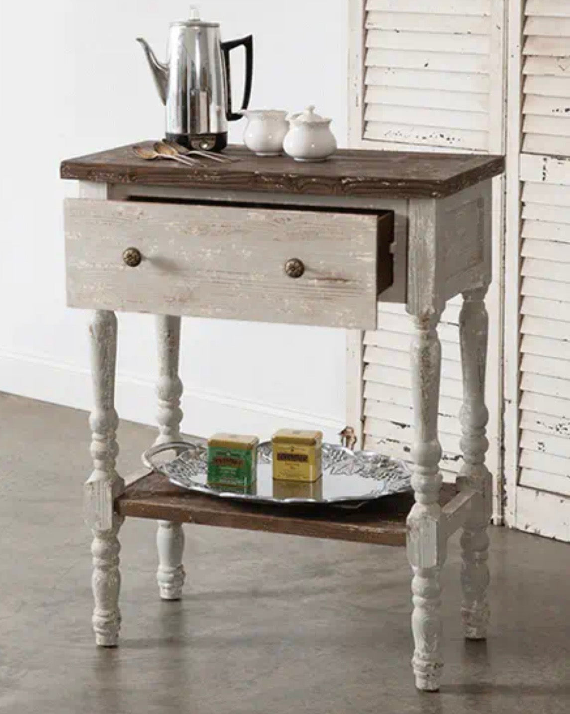 Farmhouse Accent Table | Distressed Wood Side Table with Drawer