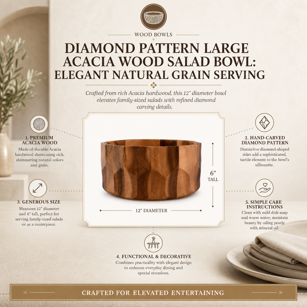 Diamond Pattern Large Acacia  Wood Salad Bowl