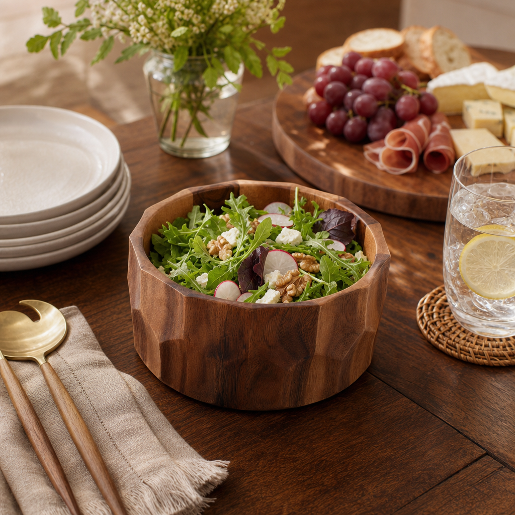 Diamond Pattern Single Acacia  Wood Salad Bowl