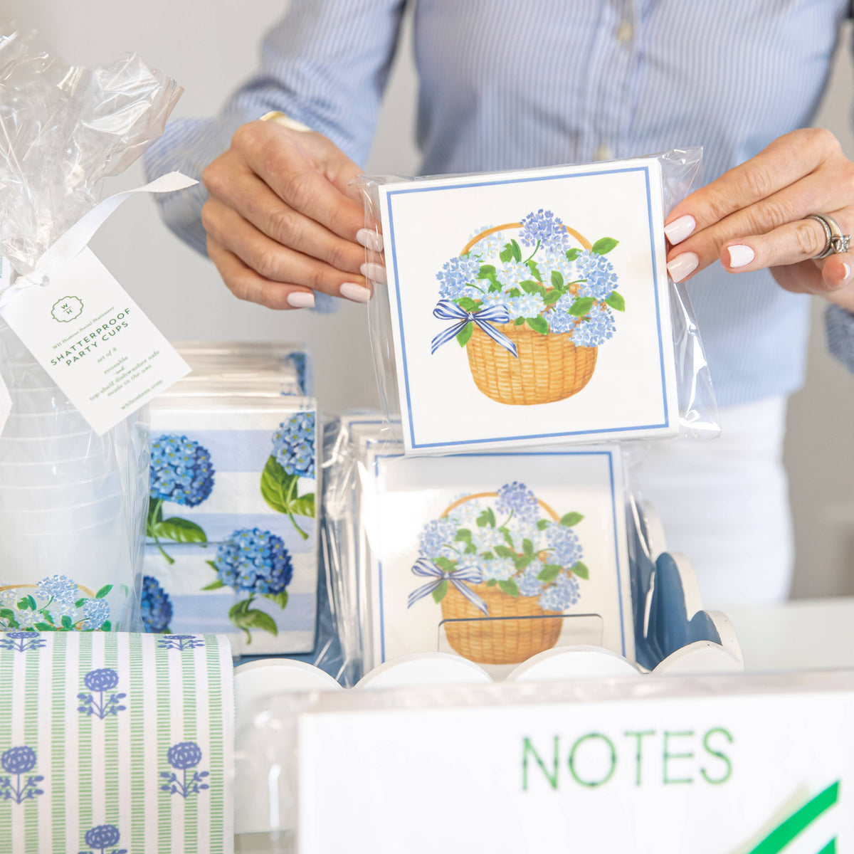 In Stock WH Paper Cocktail Napkin | Blue Hydrangeas Basket