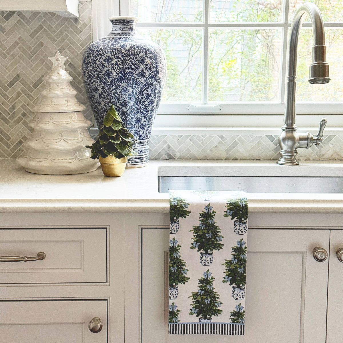 In Stock WH Hostess Tea Towel | Blue Bows Christmas Trees