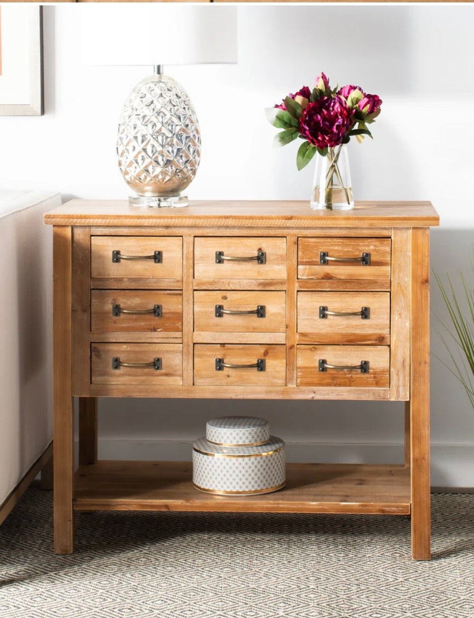 9-Drawer Oak Console Table with Open Shelf
