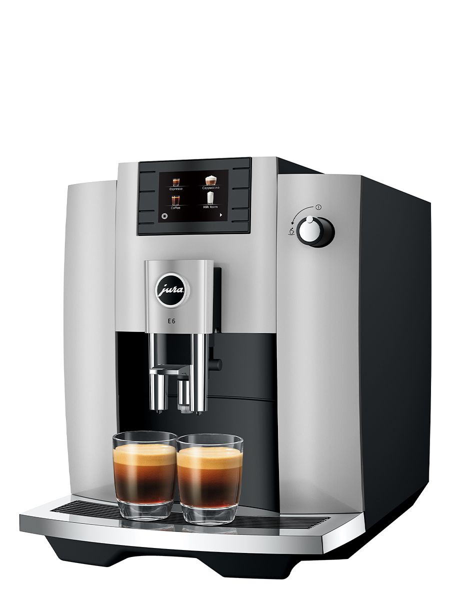 Right side view of E6 Platinum featuring color display, two spots, and two espressos in clear glasses 