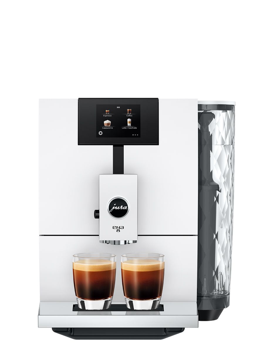 ENA 8 Full Nordic White front view showing touchscreen display panel, clear water tank and dispensing two espresso in a clear glass