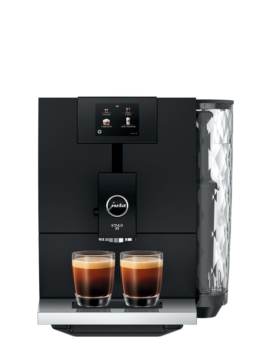 JURA ENA 8 Full Metropolitan Black coffee machine, front view. Showing touchscreen display, clear water tank, and dispensing two espressos in clear glass