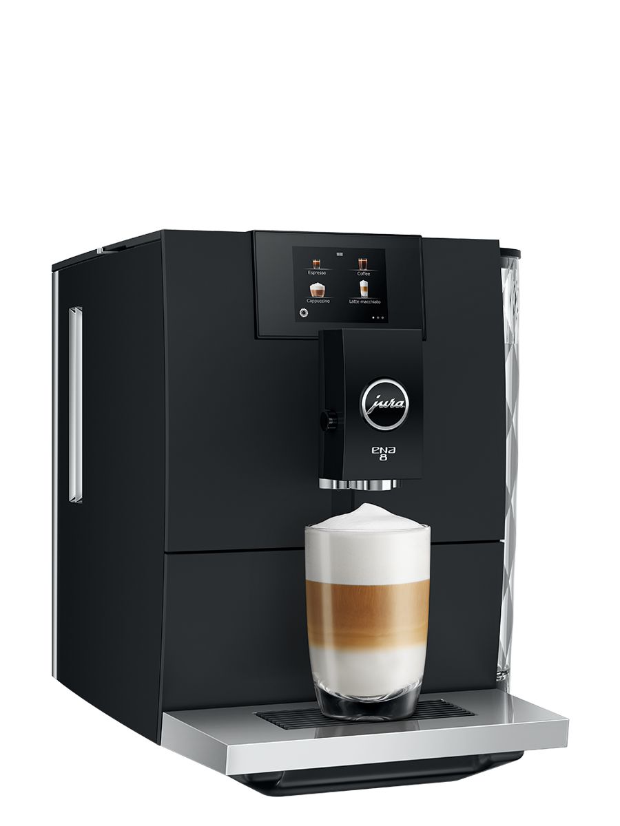 Angled view of Jura ENA 8 Full Metropolitan Black showing the touchscreen interface and sleek machine design dispensing Latte Macchiato.
