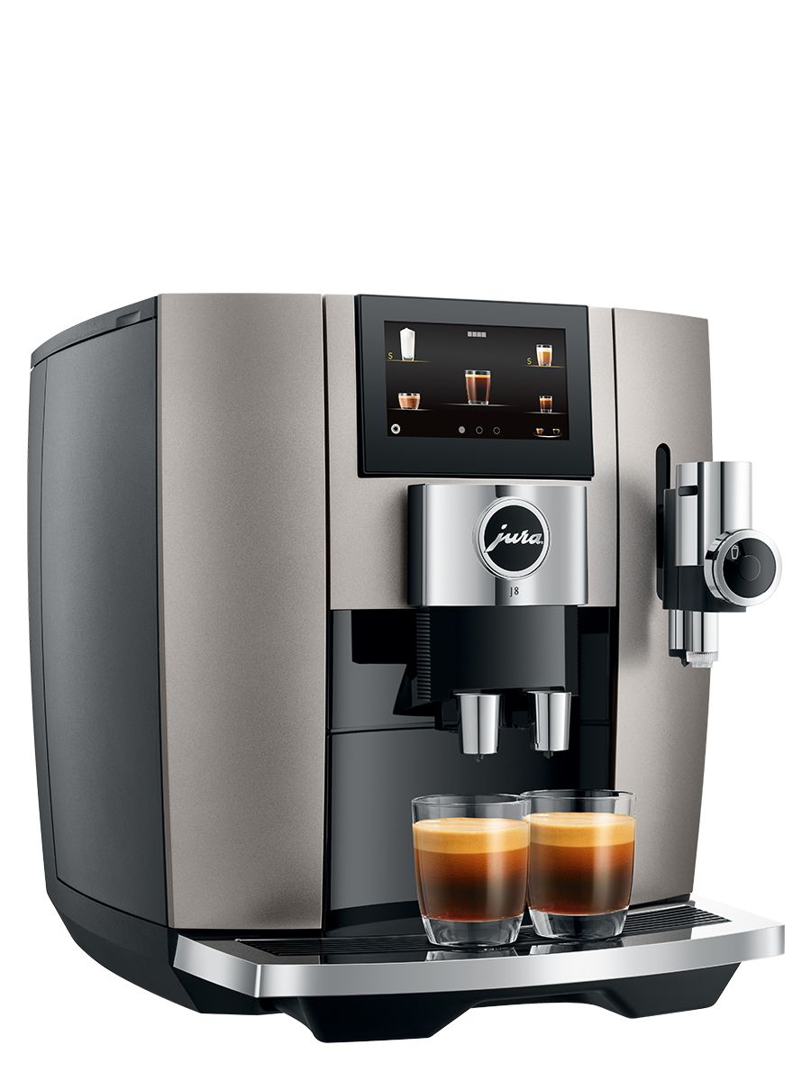 Left side view of the J8 Midnight Silver featuring water tank, touchscreen, coffee sports, with two espressos brewed at once in glass cups