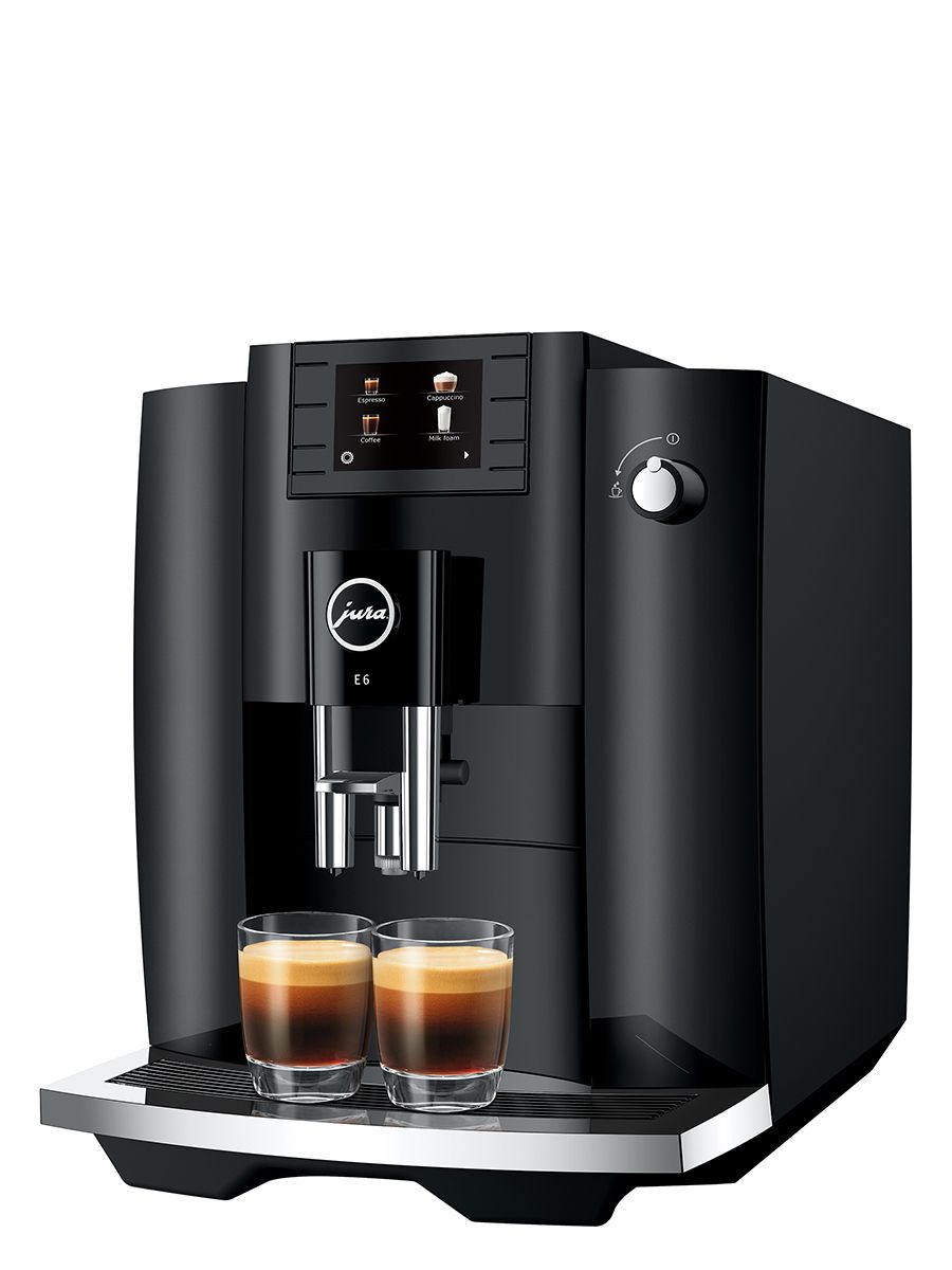 Right side view Jura E6 Piano Black NAC dispensing two espressos simultaneously into two glass cups