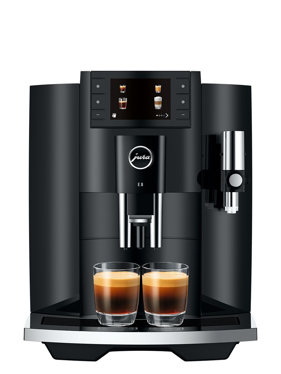 Front view of Jura E8 Piano Black NAC espresso machine dispensing two shots of espresso into glass cups, with color display