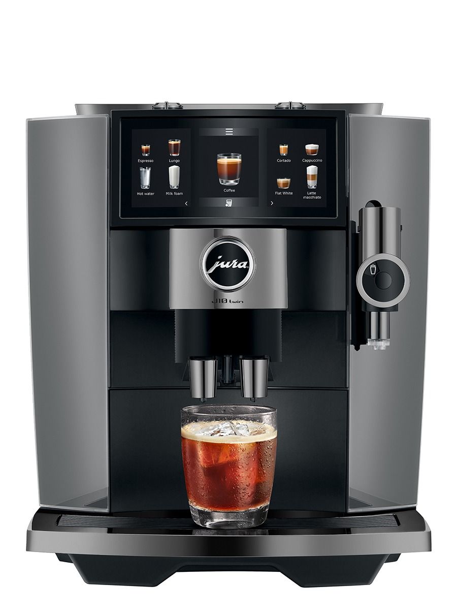 JURA J10 twin Diamond Onyx coffee machine preparing iced coffee in a glass
