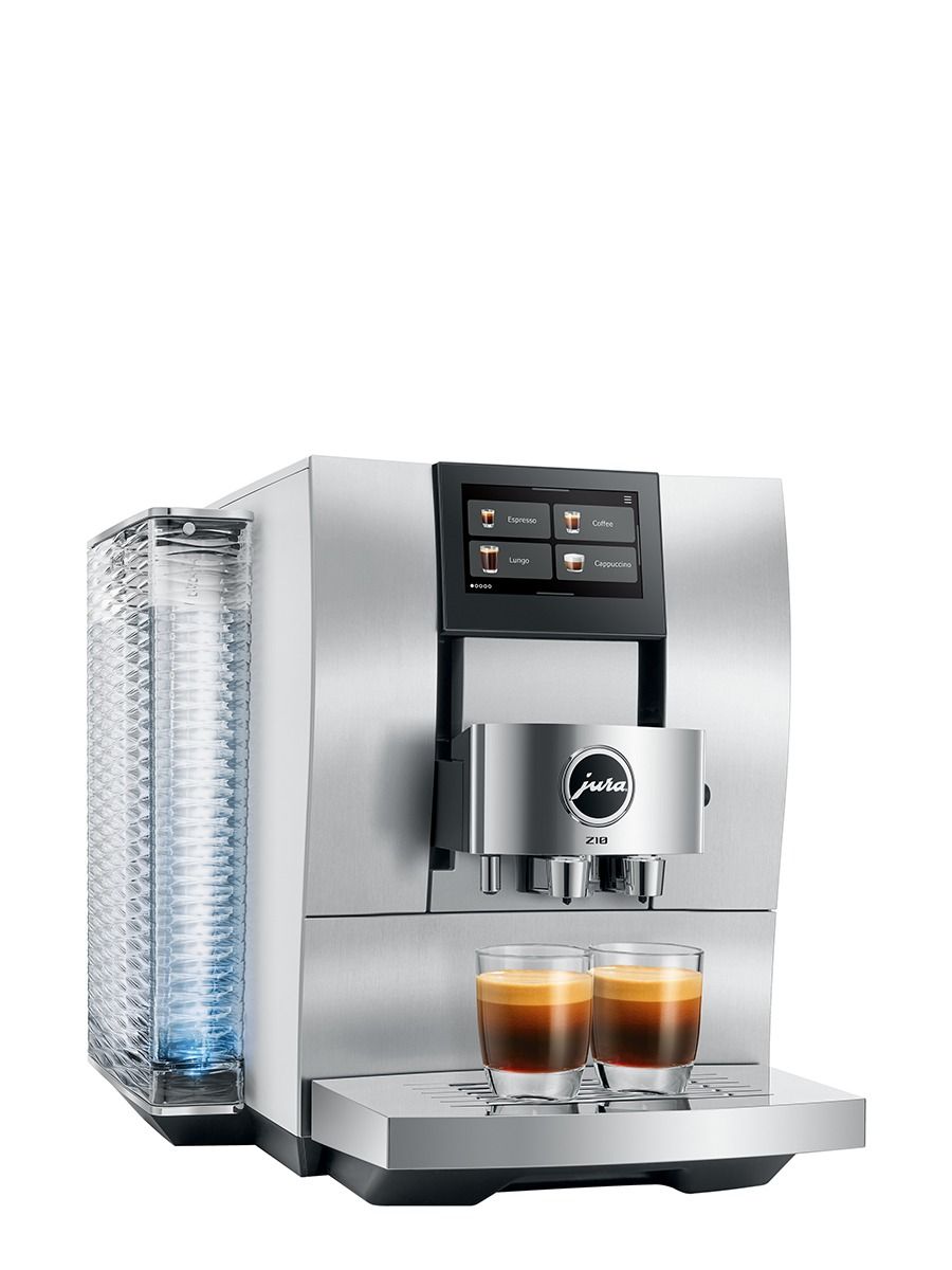 JURA Z10 Aluminum White coffee machine with two freshly brewed espresso drinks