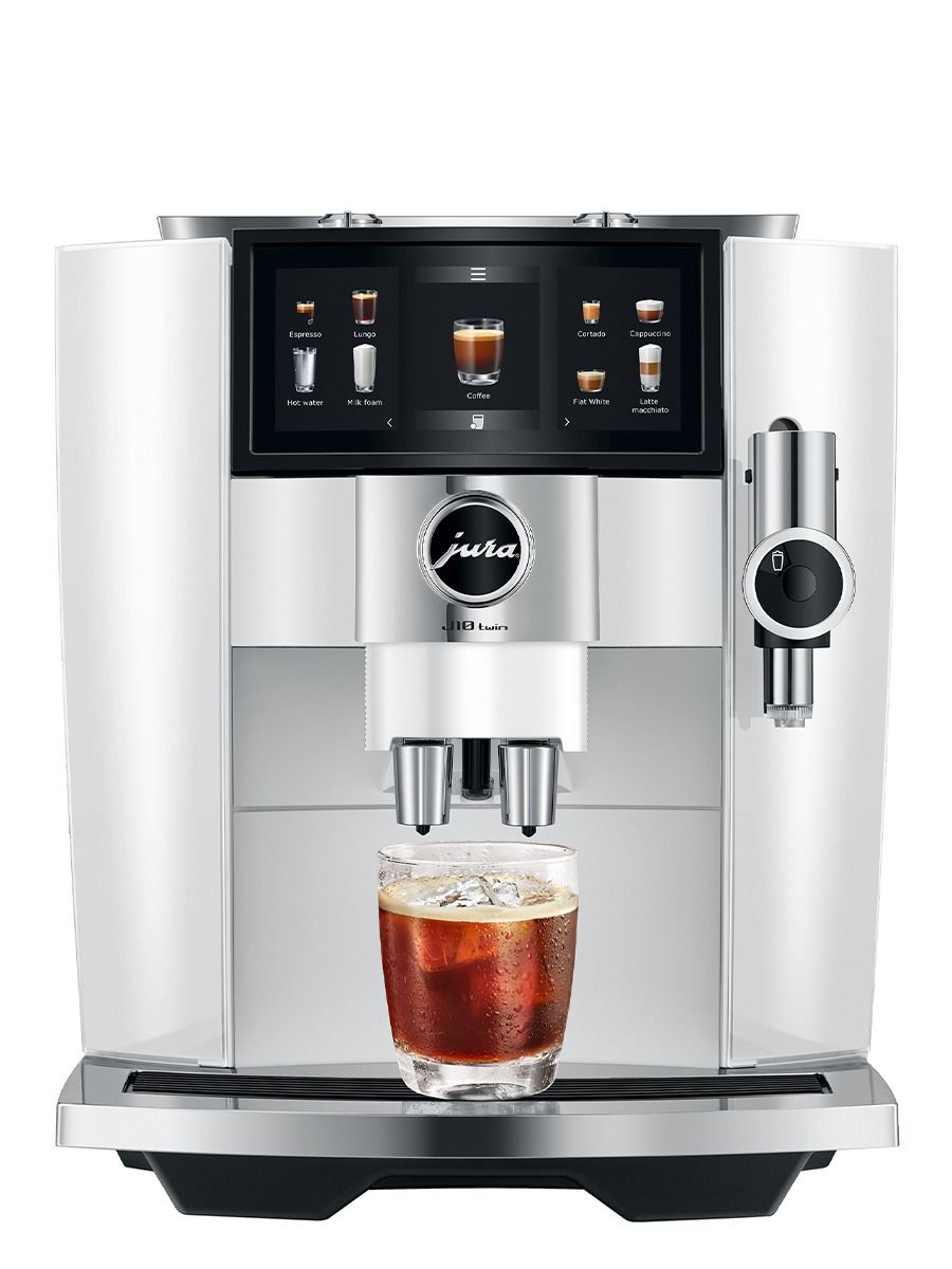 JURA J10 twin Diamond White coffee machine preparing iced coffee in a glass