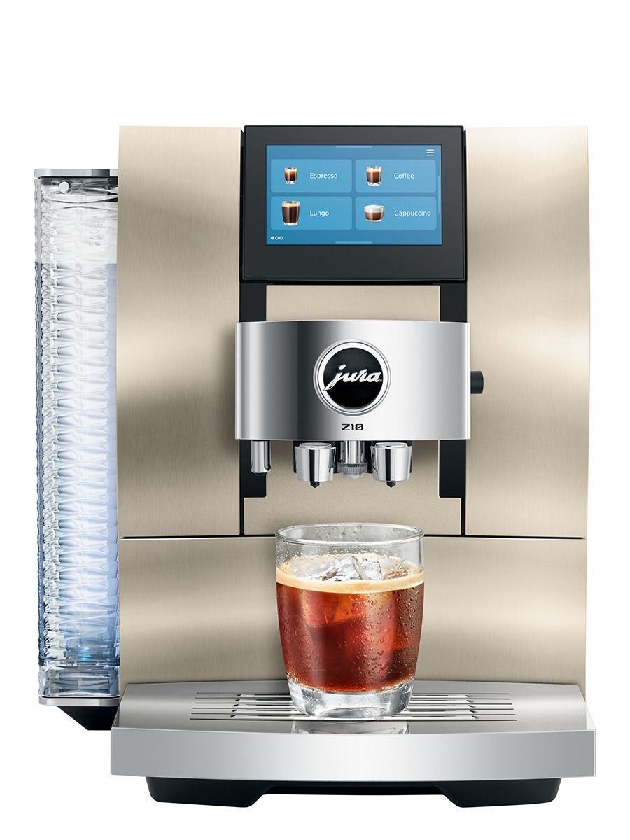 JURA Z10 Aluminum Champagne coffee machine preparing iced coffee in a glass