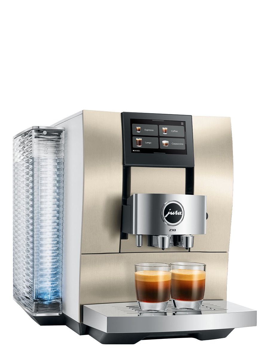 JURA Z10 Aluminum Champagne coffee machine with two freshly brewed espresso drinks