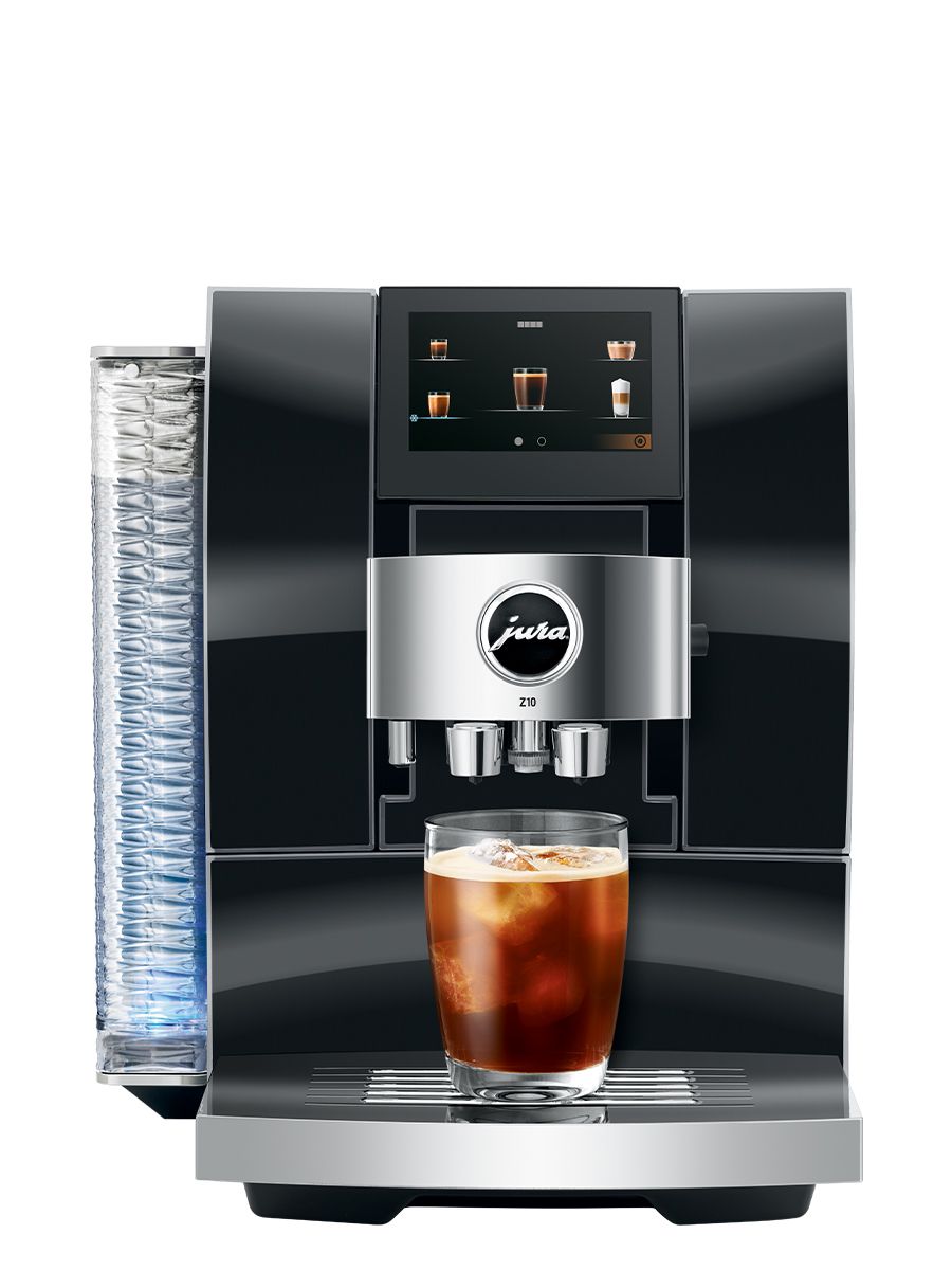 Front view of Z10 Diamond Black including touchscreen display, coffee spouts, drip tray, with a cold brew coffee in a glass cup