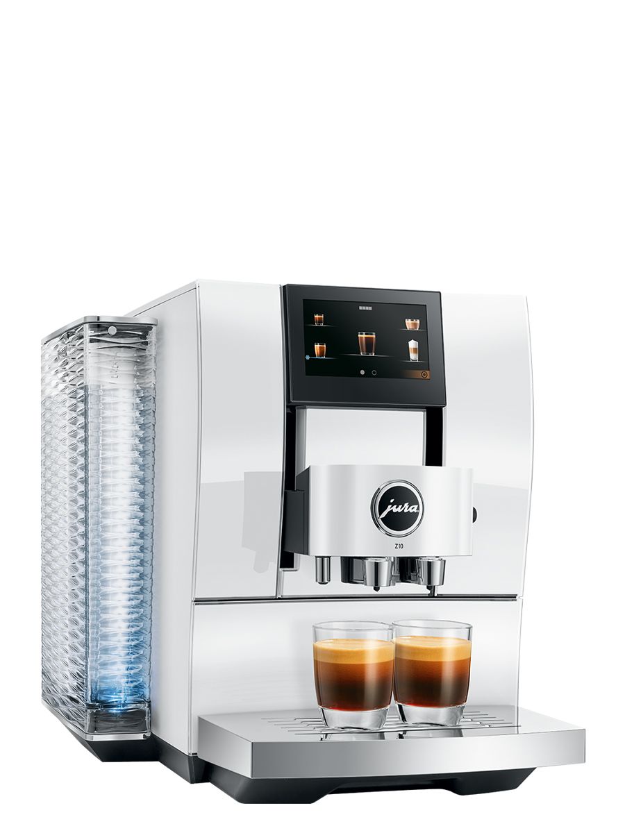 Left side view of the Z10 Diamond White featuring water tank, touchscreen, coffee sports, with two espressos brewed at once in glass cups