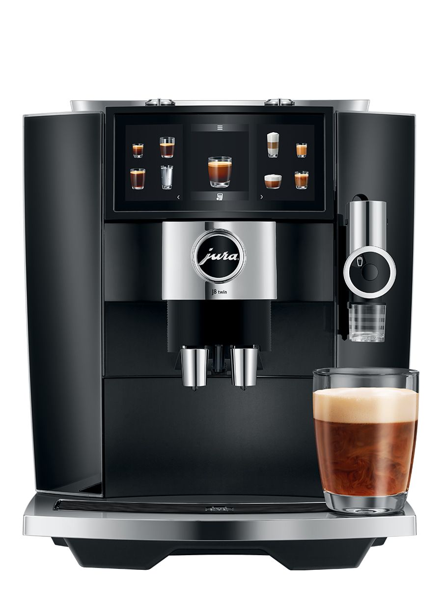 Front view of J8 twin Diamond Black including touchscreen display, coffee spouts, drip tray, with a sweet latte in a glass cup