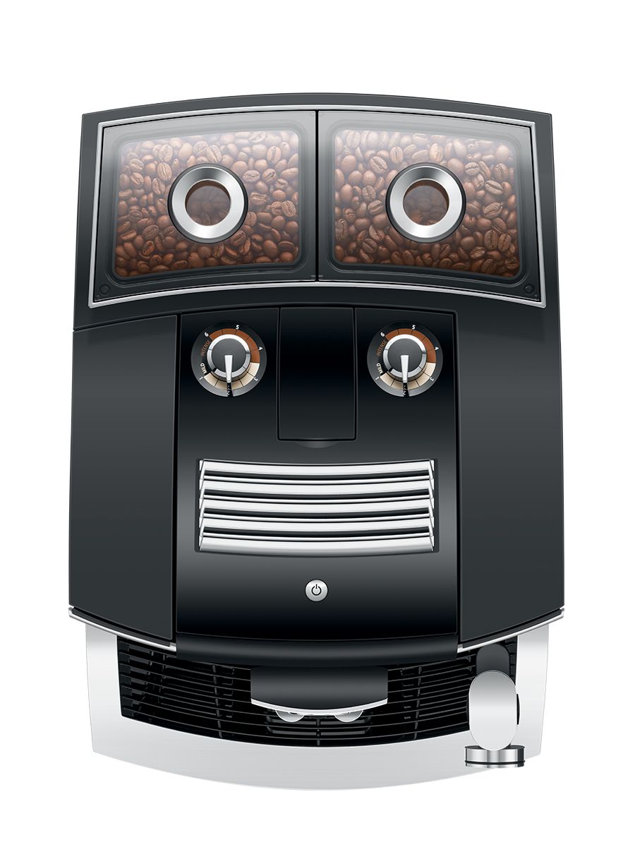 Top down view of J8 twin Diamond Black featuring built in double bean grinder with two grinder knobs