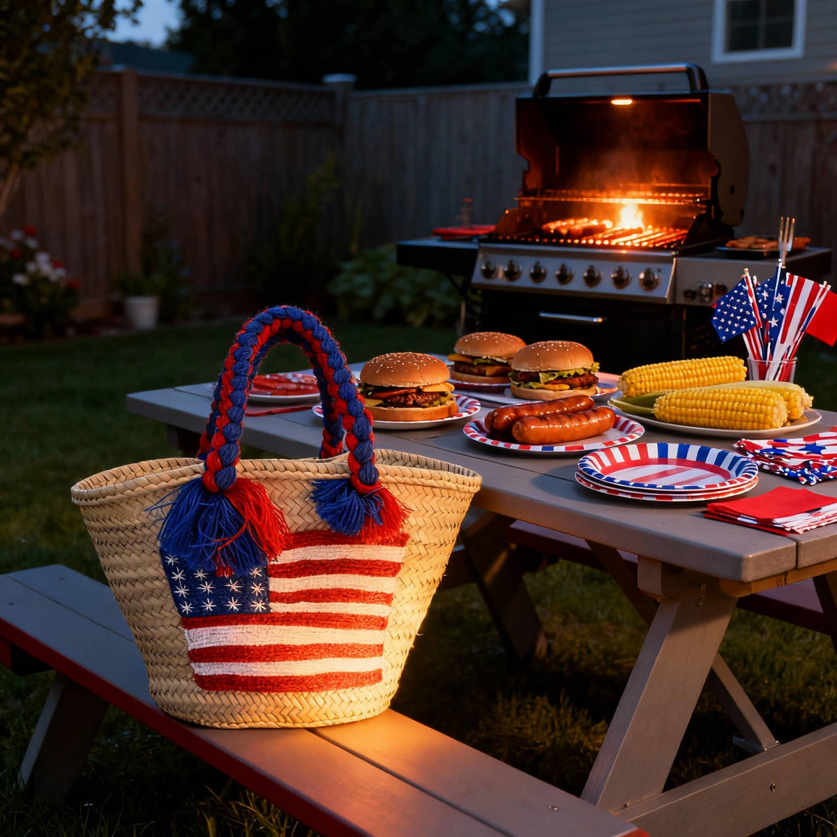 4th of July Straw Tote – Handmade USA Flag Basket