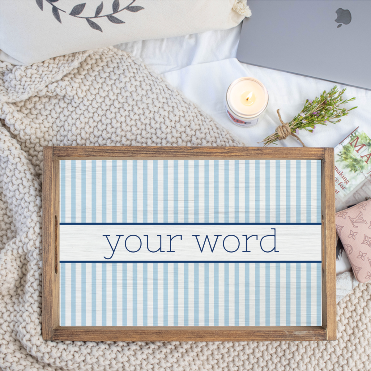 Personalized Light Blue Stripes Serving Tray | Wooden Tray