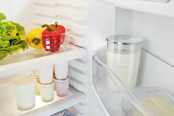 View of Glass Milk Container in refrigerator 