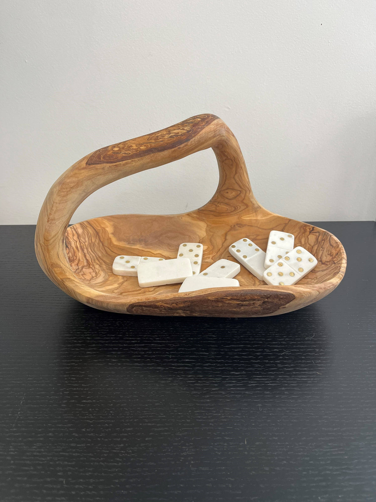 Oval Bowl w/Handle Olive Wood 9.5"L x 6.25”W